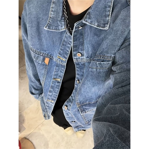 宽松多口袋做旧翻领外套美式复古工装牛仔夹克男JA7008-特价P65,男蓝色蓝色牛仔裤怎么搭配图片