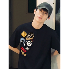 贴布毛巾绣黑8短袖男款潮牌高级感美式高街重磅T恤国潮情侣半截袖，男装T恤，电商A486-1