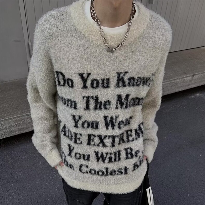 美式潮牌海马毛字母提花长袖毛衣男秋冬慵懒风宽松针织衫，男装针织衫/毛衣，星座506A