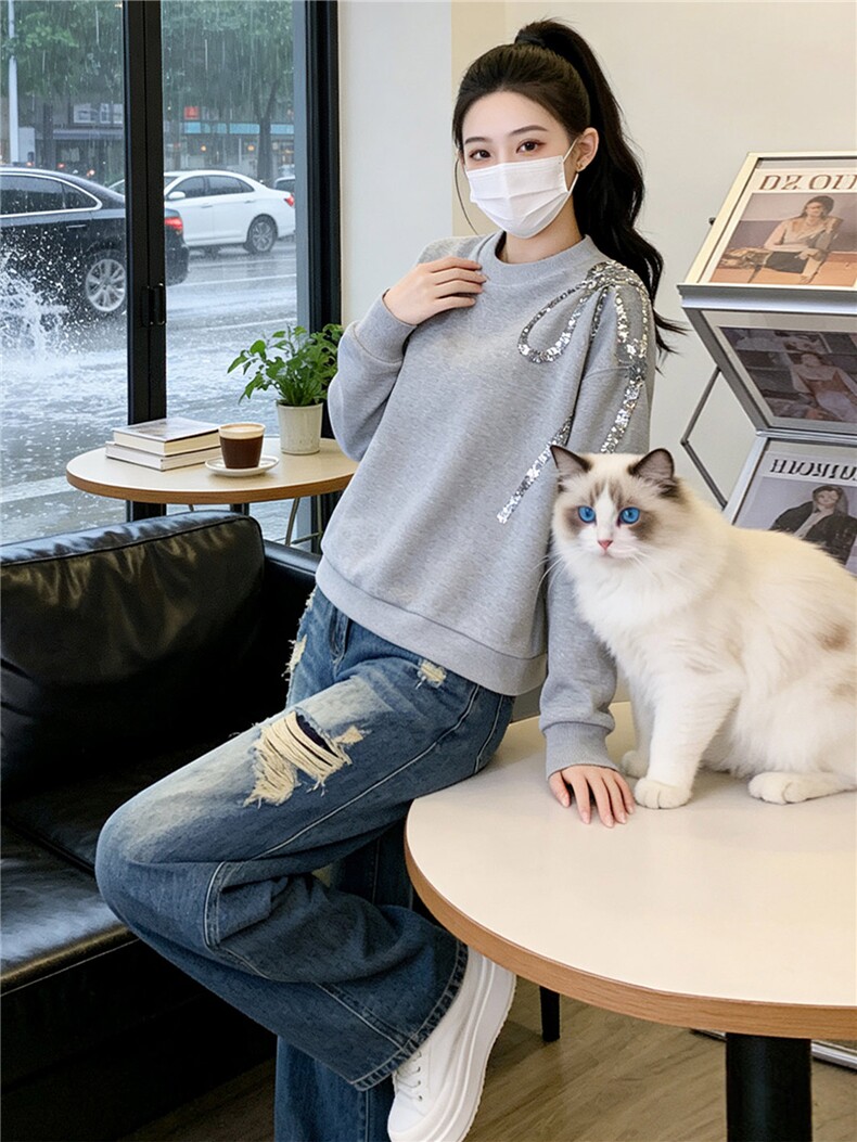 盐系穿搭休闲时尚套装女春款圆领刺绣长袖上衣破洞牛仔长裤两件套,女装套装/套裙,江南