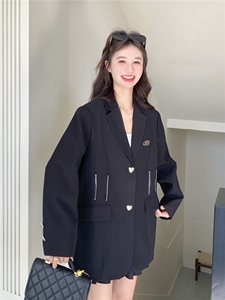 黑色西装外套女秋季爱心金属扣重工拉链口袋宽松廓形休闲设计感图片