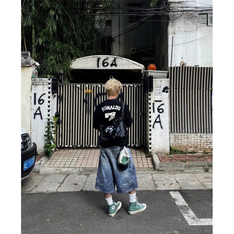 DKN47LL-P60美式复古贴画印花牛仔短裤男宽松直筒七分裤,男装牛仔裤,星座1007（原301D）