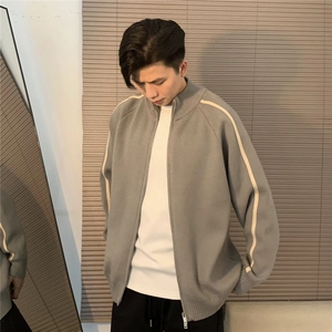 韩系双拉链针织外套男长袖休闲宽松简约立领针织开衫毛衣DMY39图片