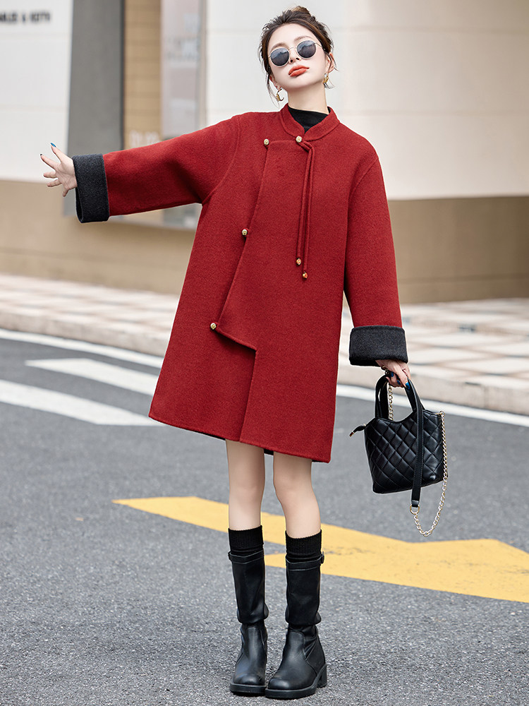 现货新中式双面羊毛大衣女中长款2025年新款盘扣斗篷羊毛呢子外套,女装双面呢大衣,仟媚宠