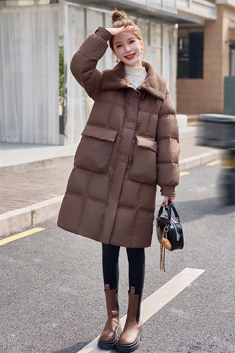 羊羔毛拼接翻领羽绒服女2024冬季新款时尚洋气加厚保暖白鸭绒外套,女装羽绒服,E百度
