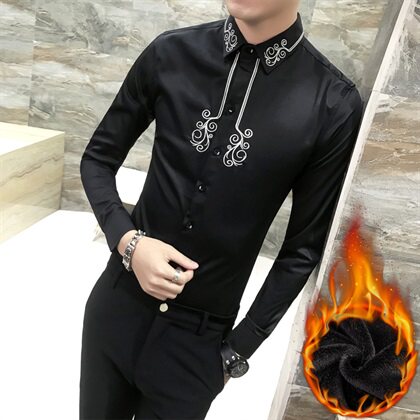 18秋新款男青年长袖加绒加厚修身刺绣花纯色韩版潮工服W0324-P65图片