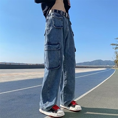 美式复古设计感口袋牛仔裤高街小众直筒阔腿工装裤XK8013P50，男装牛仔裤，星座1116-2