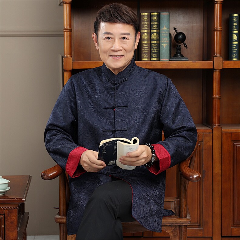 常货春款两面穿绸缎风唐装外套男士中老年新中式复古盘扣夹克,男装夹克,钱塘723