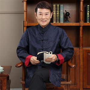 常货春款两面穿绸缎风唐装外套男士中老年新中式复古盘扣夹克图片