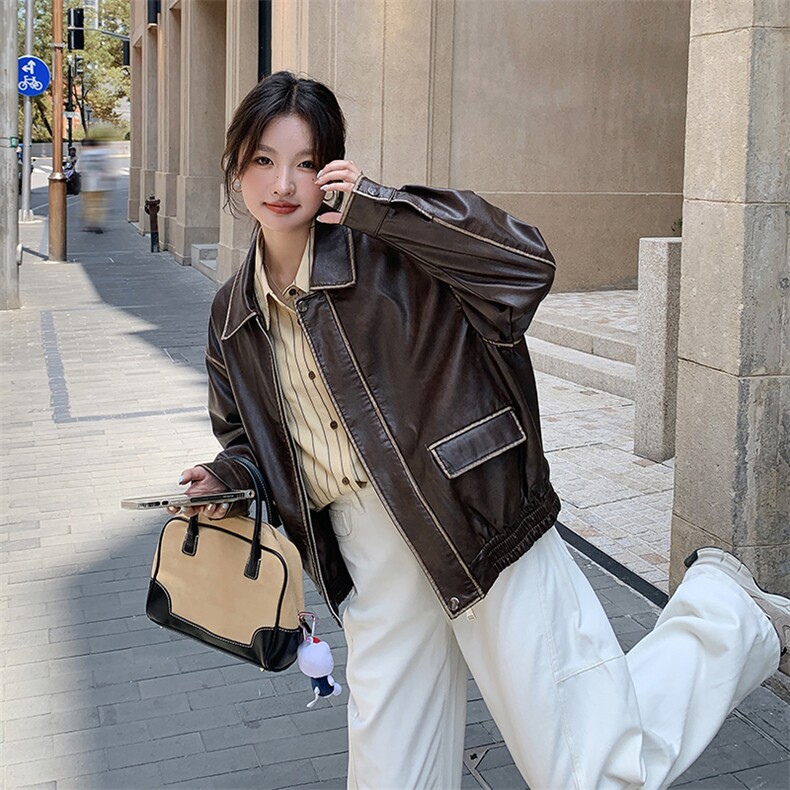美拉德描边皮衣外套女秋季高级感短款pu皮夹克学院风减龄韩系，女装皮衣，浪娴服饰