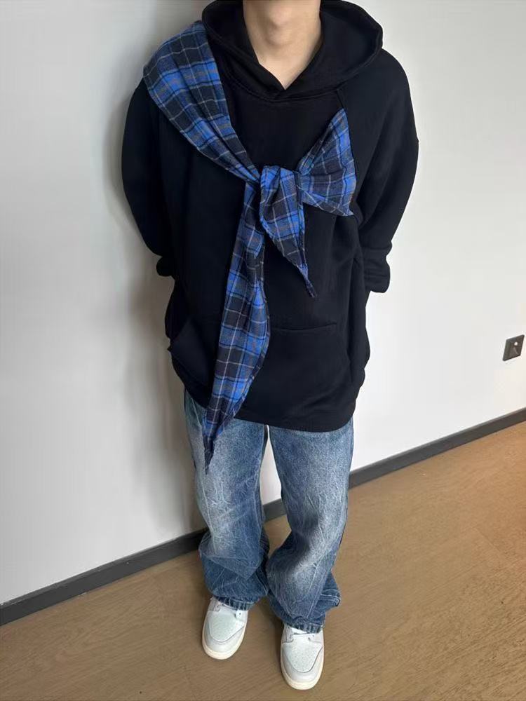 帛跃韩版时尚撞色假两件格子披肩卫衣街头流行百搭痞帅长袖男,男装卫衣,四季星座505