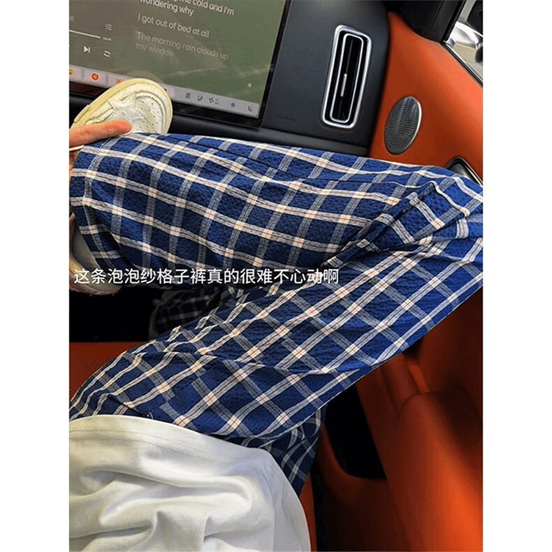 美式高街潮牌男女泡泡格子休闲裤直筒宽松慵懒显瘦阔腿休闲长裤子,男装休闲裤,电商A486