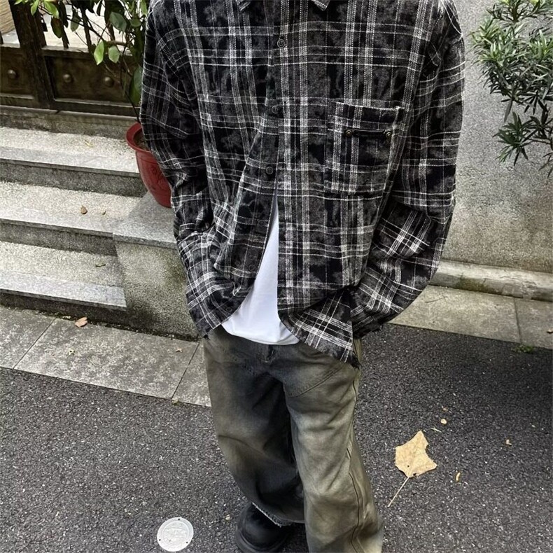 2025春季新款衬衫男女长袖蜡染格子街头潮流宽松翻领衬衣毛边个性,男装衬衫,星座506A