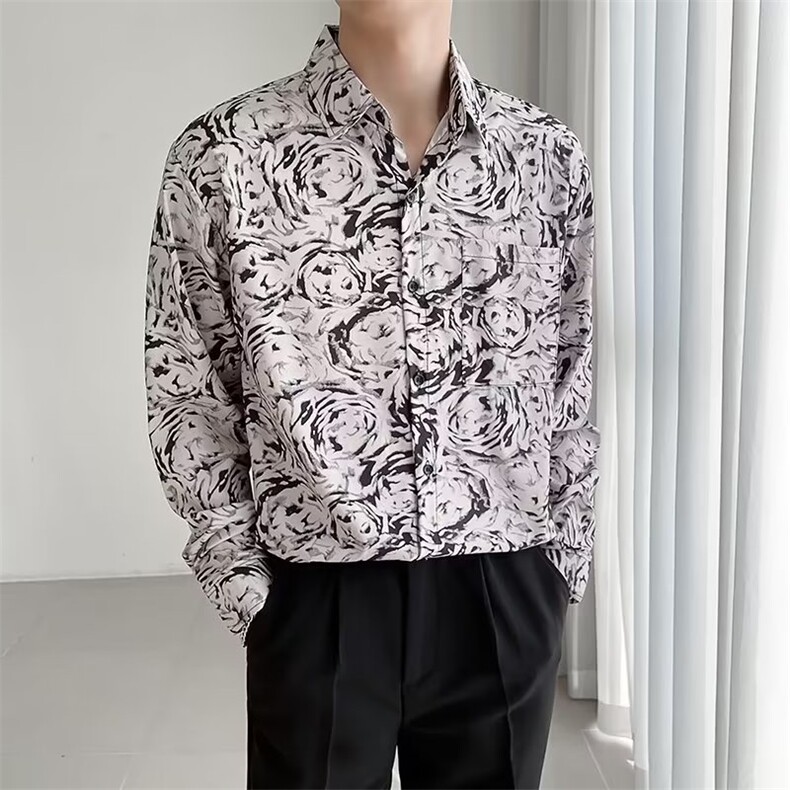 夏季痞帅花衬衫男长袖宽松垂感高级感衬衣潮牌潮流发型师男装C646,男装衬衫,星座1013