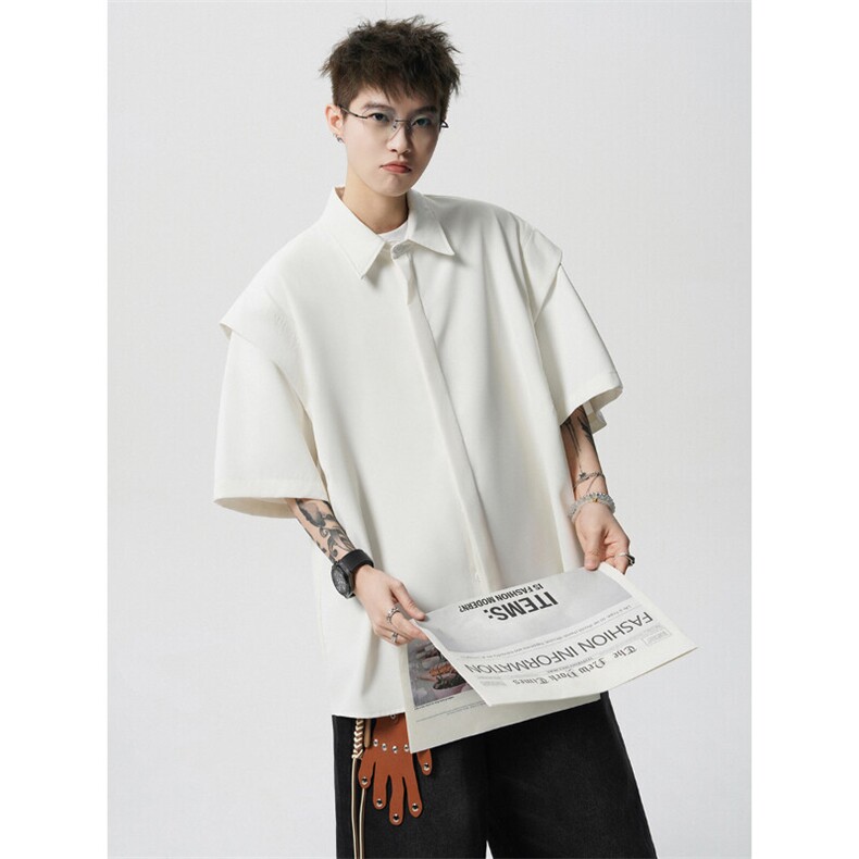 夏季新款假两件冰丝凉感衬衫男款高级垂坠感宽松透气短袖痞帅外套，男装衬衫，电商B238