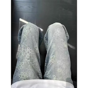 美式高街提花牛仔裤男潮牌水洗直筒休闲宽松痞帅微喇裤HQ0255-p46图片