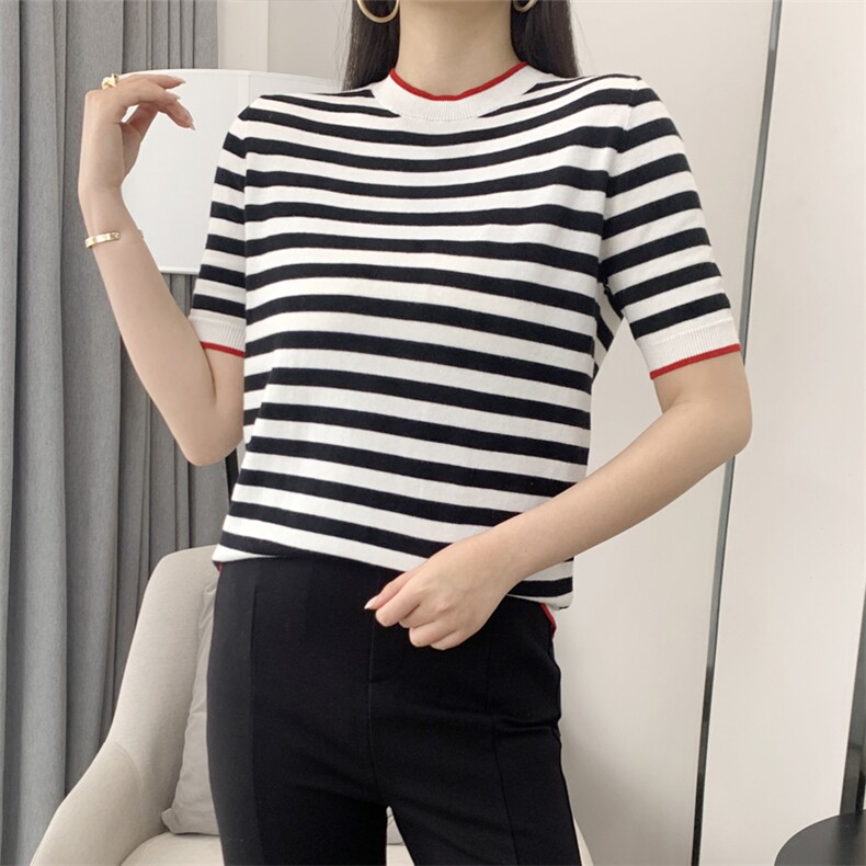 纯棉线条纹短袖T恤衫女圆领套头时尚宽松半袖背心短款针织上衣夏,针织衫/毛衣,玛莎羊绒