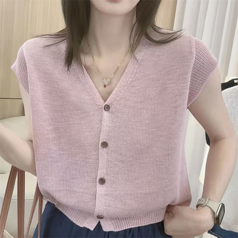 2025年夏季常规不连帽通勤V领开衫短袖时尚百搭,女装T恤,贝美羊绒