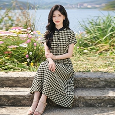 弹力面料学院风格纹连衣裙女春夏收腰显瘦中长裙格子裙子，女装连衣裙，水衣源