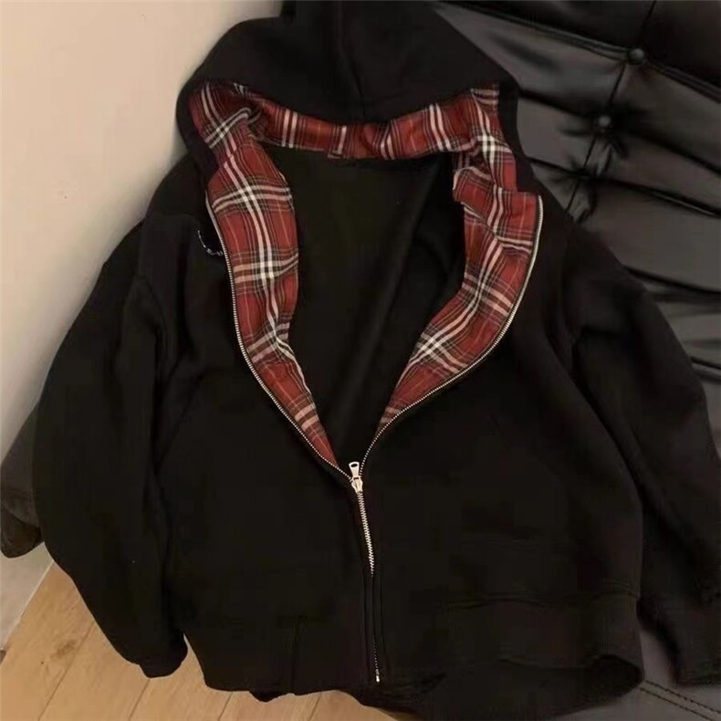 5278-P50美式复古格子拼接连帽卫衣外套薄款/加绒，女装卫衣/绒衫，星座617A-2