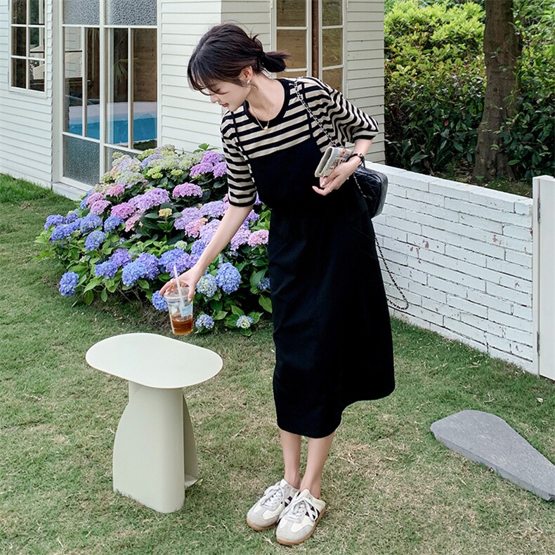 现货03夏装新品腰部抽绳条纹拼接假两件套连衣裙2C239P125K178,女装连衣裙,2C239