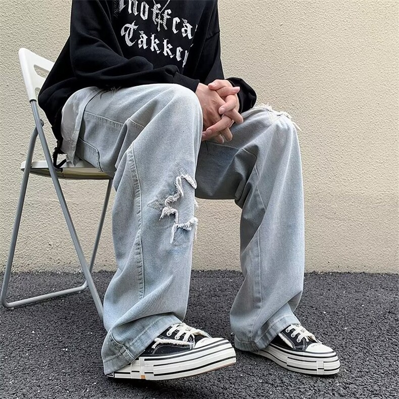 破洞美式复古牛仔裤男夏季炸街裤子ins潮百搭乞丐高街裤RK466-P43,男装牛仔裤,星座412-1