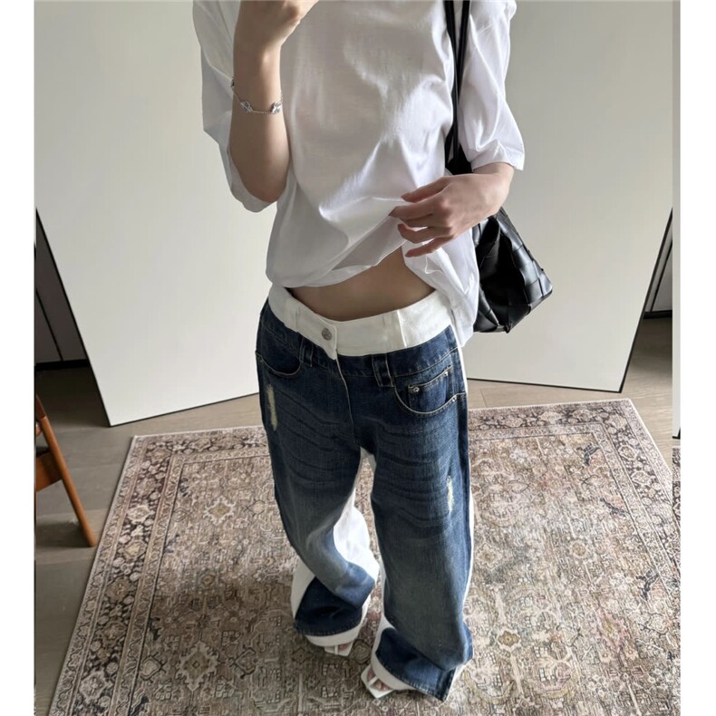 美式vibe水洗拼接牛仔裤男女街头直筒宽松阔腿长裤子L83888-P54,男装牛仔裤,星座1008