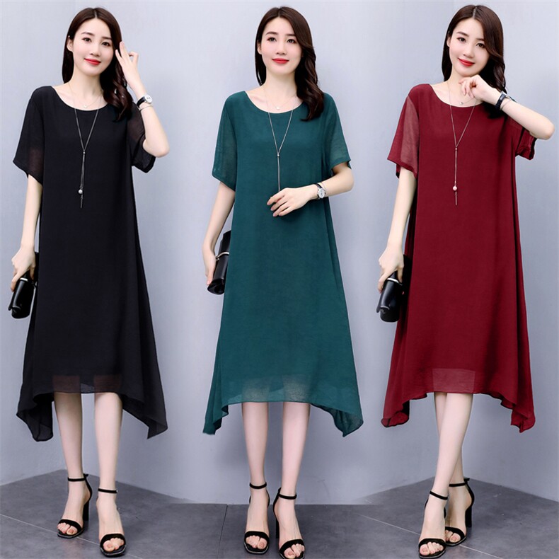 现货大码胖mm连衣裙夏中长款显瘦遮肚200斤中年妈妈真丝雪纺裙潮，女装连衣裙，深妍伊美