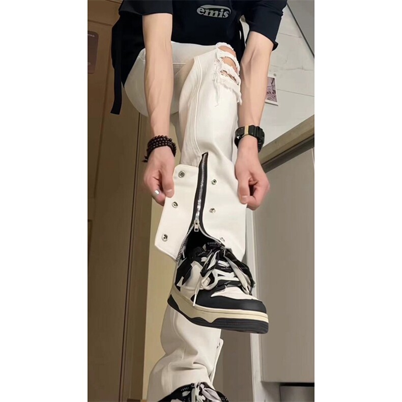 美式高街ins小众拉链hiphop排扣破洞休闲牛仔裤货号K642P60控78,男装牛仔裤,电商A063