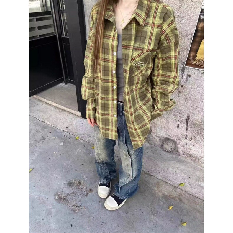 美式复古绿色格子衬衫男女宽松设计感上衣休闲长袖衬衣外套春秋,男装衬衫,星座506A