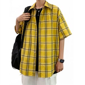 21年夏季短袖衬衫男宽松落肩港风格子衬衫男DS-C407-CS307-P35图片