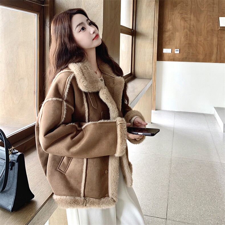 美拉德皮毛一体麂皮绒上衣女冬加厚羊羔毛外套,女装羊羔毛/颗粒绒,2B109
