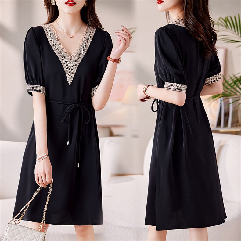 高端欧货黑色连衣裙女夏季时尚气质宽松显瘦v领休闲茶歇法式裙，女装连衣裙，韩蔻秀