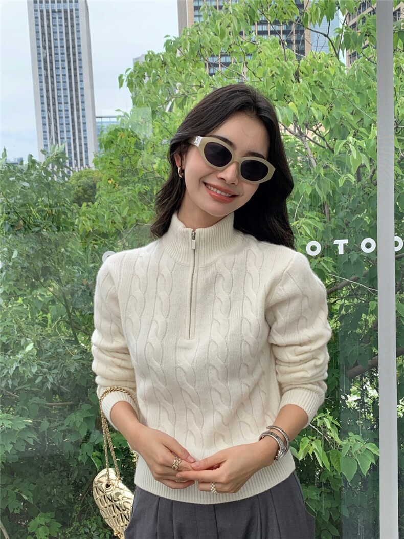 复古咖色立领麻花毛衣女秋冬季加厚慵懒老钱风半拉链针织衫,针织衫/毛衣,玛卡隆羊绒