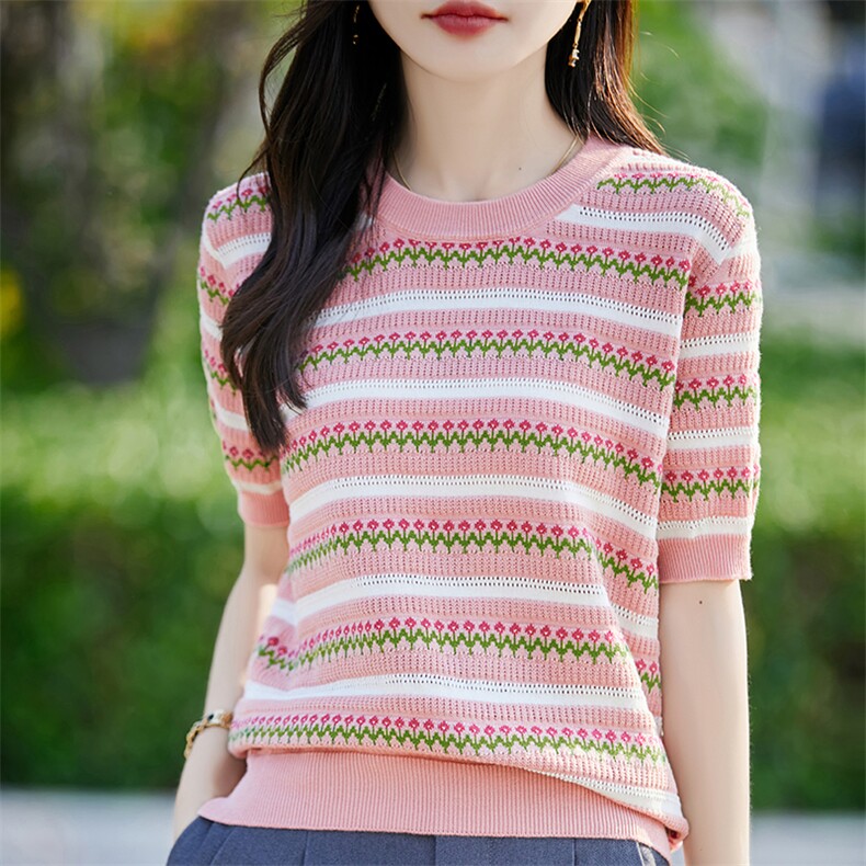 小花提花短袖T恤女夏季2025新款打底衫洋气大码女装冰丝针织上衣,针织衫/毛衣,斯美雅安迪绒