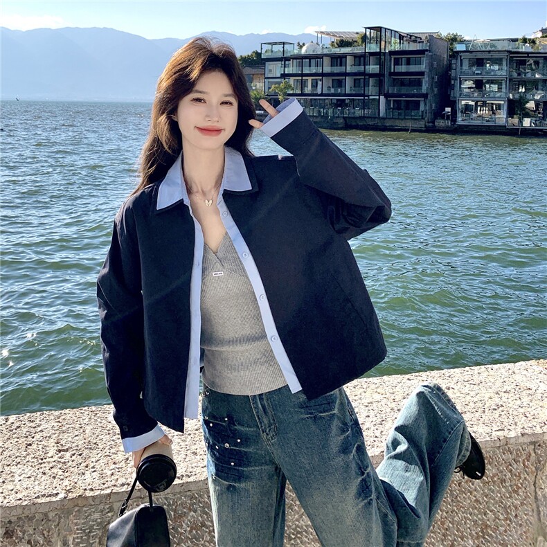 蓝色撞色衬衫领短款夹克外套女2026春秋新款韩系时髦减龄夹克显白，女装短外套，艾米莉亚