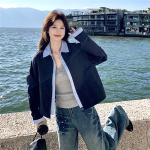 蓝色撞色衬衫领短款夹克外套女2026春秋新款韩系时髦减龄夹克显白，女装短外套，艾米莉亚