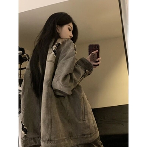 2025美式高街设计感水洗破洞牛仔外套男女春季做旧工装潮vibe夹克图片