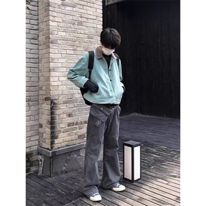 湖水绿短款外套男春秋冬季美式cleanfit底特律撞色翻领工装夹克图片