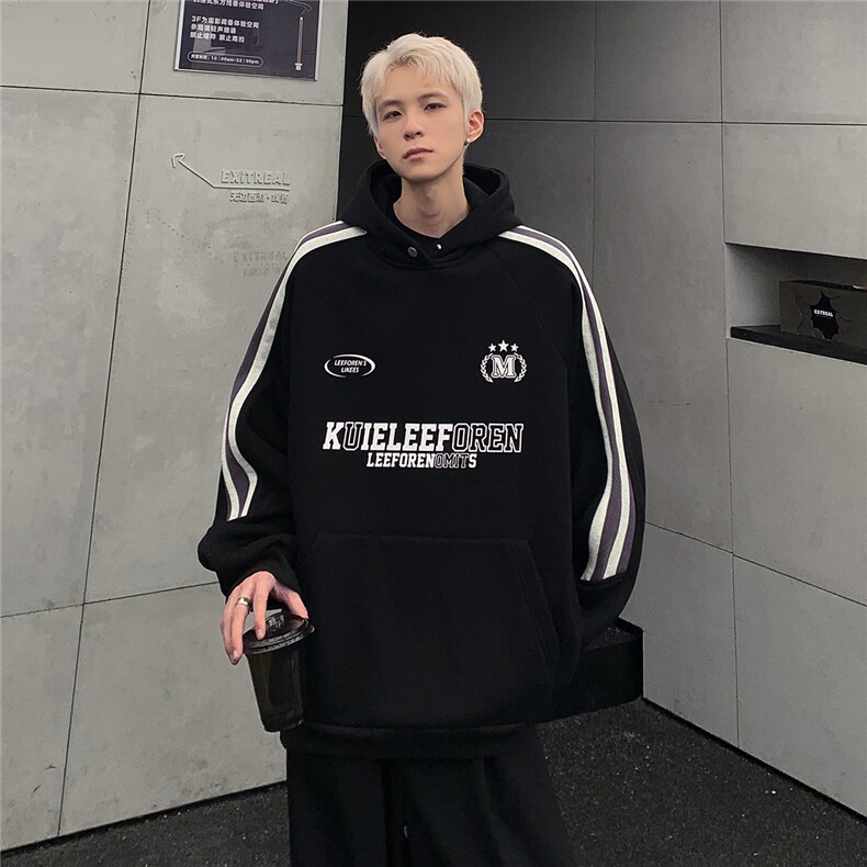 美式条纹拼接连帽卫衣男女秋冬高街宽松情侣帽衫w96-p78,男装卫衣,电商C307