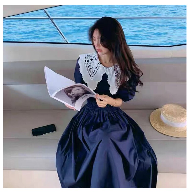 韩连衣裙女新款2021夏法式复古花边娃娃领泡泡袖中长款,女装连衣裙,潮品会