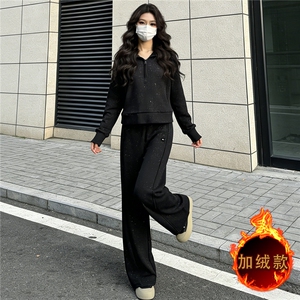 韩系简约运动套装女秋冬新款双口袋拉链开衫连帽卫衣直筒裤两件套图片