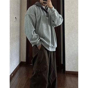 慵懒风V领连帽细节拼接华棉连帽卫衣男春秋季休闲帽衫外套 W110图片