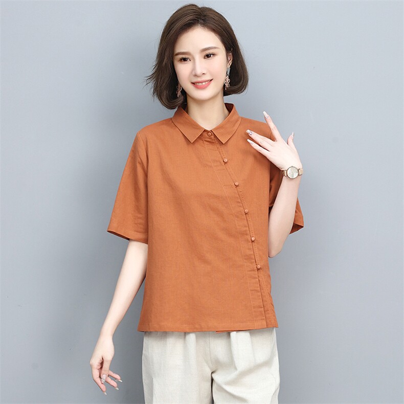 棉麻衬衫女2024夏季新款妈妈短袖衬衣中老年洋气亚麻薄款半袖上衣,女装衬衫,忆绮罗