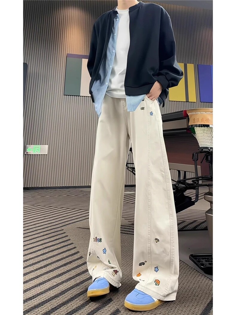 美式复古卡通刺绣弯刀休闲裤男女新款宽松显瘦阔腿长裤LA7933-P50,男装休闲裤,星座1008