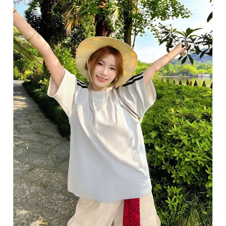 抖音得物品质二开240克宽松纯棉美式潮牌印花三条杠中性风短袖T恤,男装T恤,电商A486-1