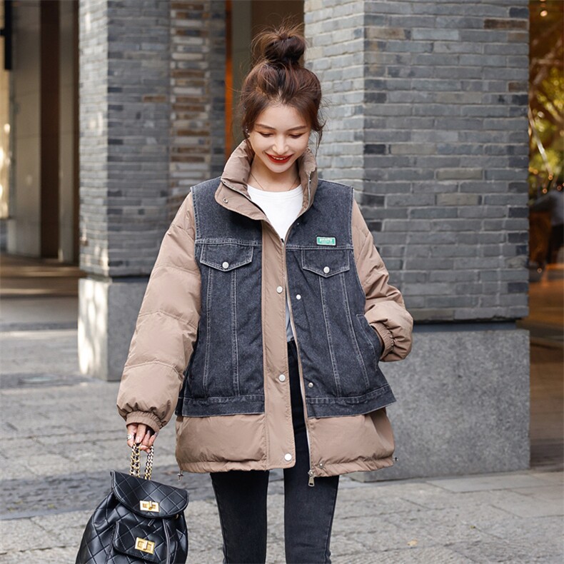 洋气牛仔拼接羽绒服女2022冬装新款女装韩版时尚保暖白鸭绒外套,女装羽绒服,慧尚依恋