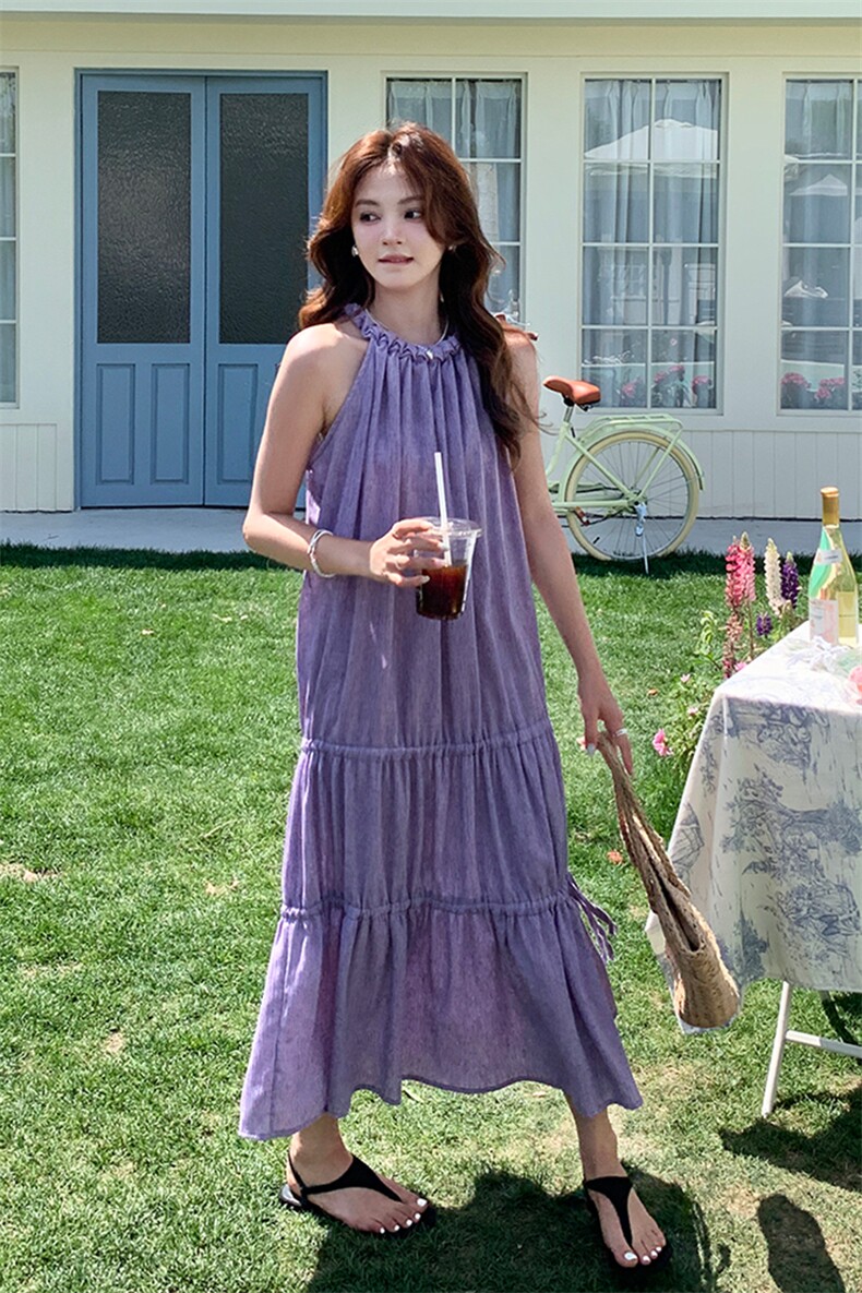 氛围感紫色挂脖吊带连衣裙女夏2025新款大方得体爆款夏日漂亮长裙,女装连衣裙,2C029