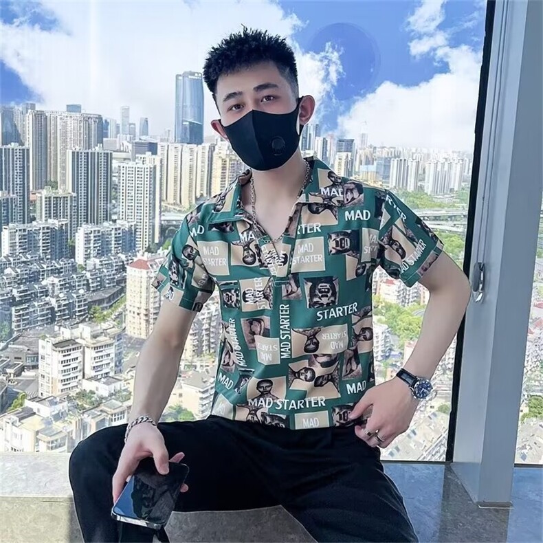 男潮流标准青春流行衬衫潮新款方领ins文艺五分袖时尚夏季慵懒图片