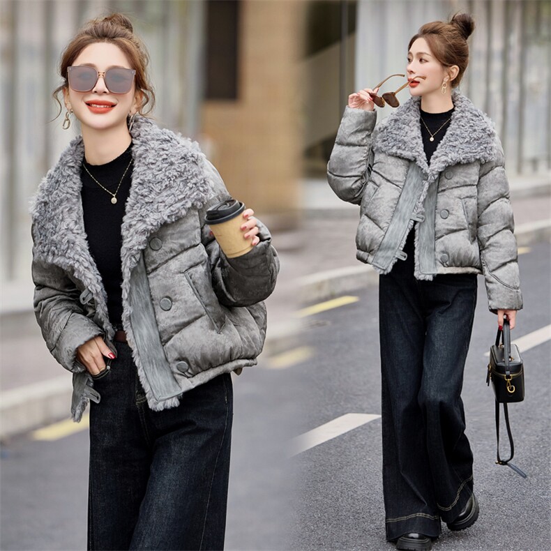 短款羽绒服女2024冬新款小个子今年流行漂亮灰色羊羔毛大翻领外套，女装羽绒服，瑶迪依秀